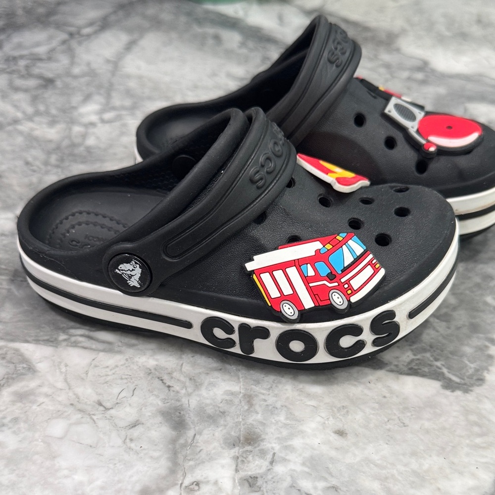Crocs Kids Black Clogs with Fire Truck Giblets